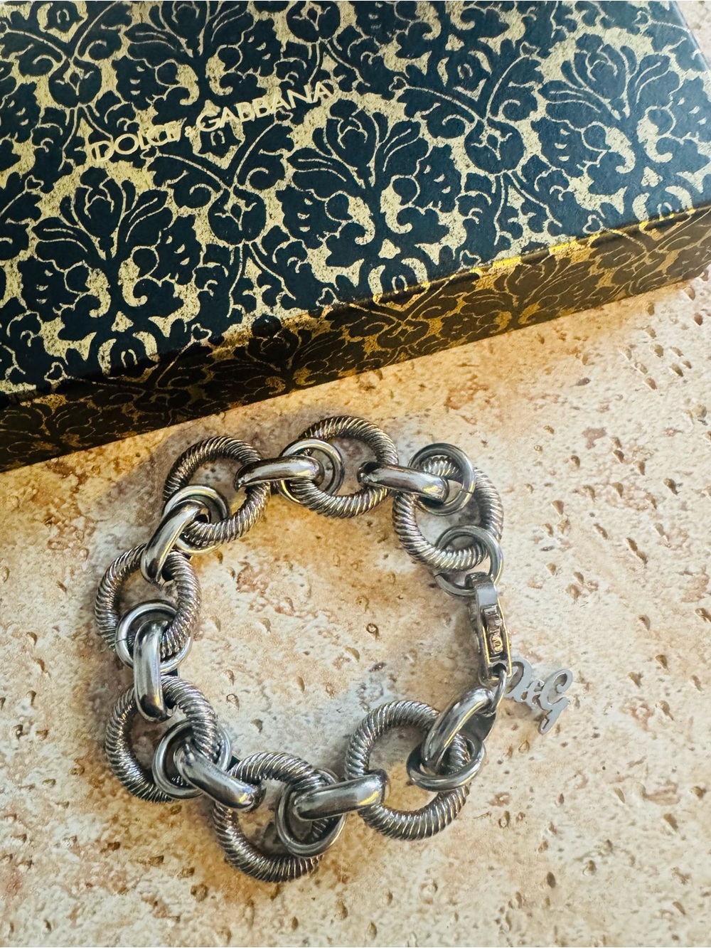 Dolce & Gabbana Silver Textured Chain Link Bracelet with D&G Charm